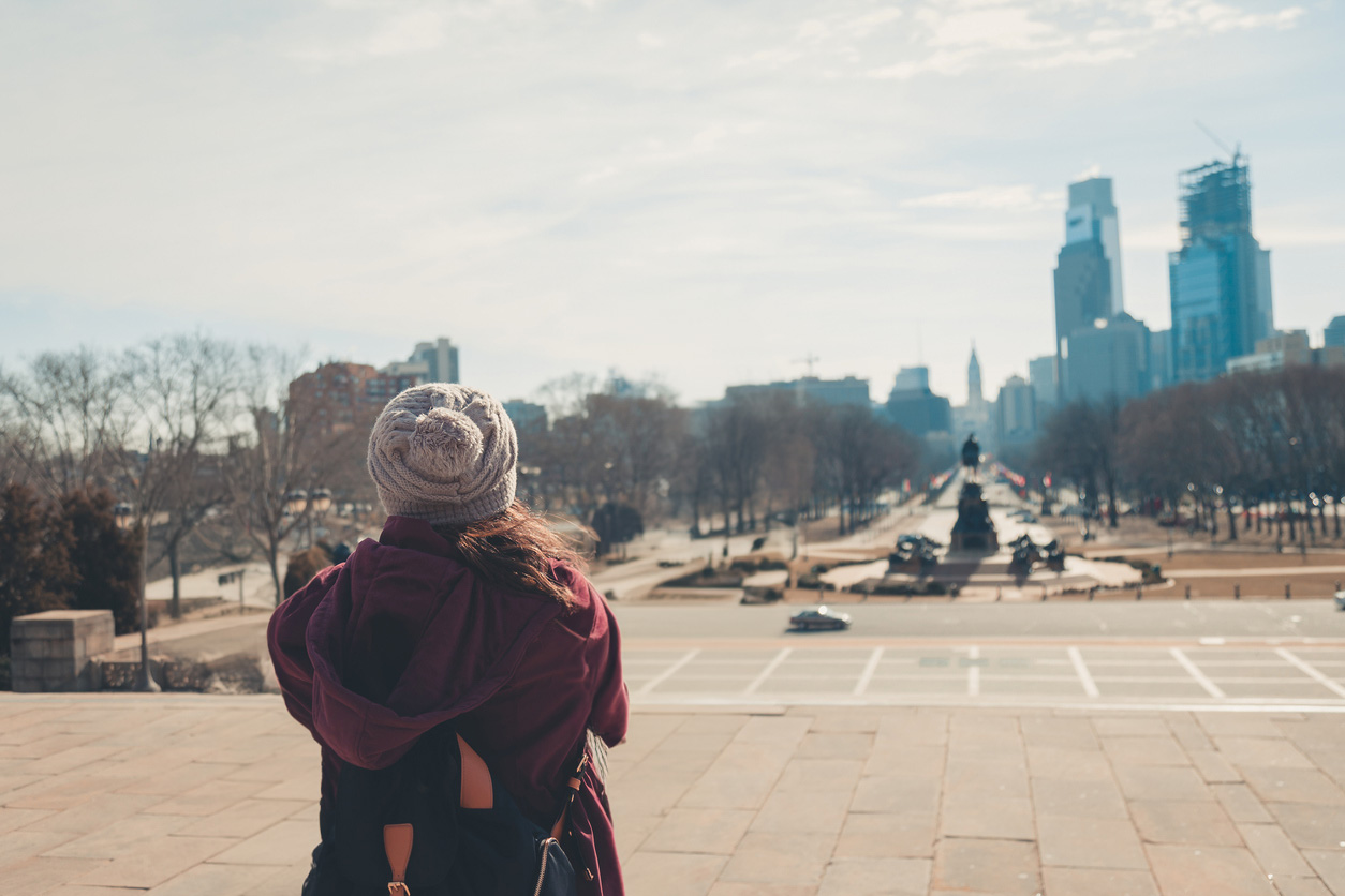 woman looking at the city of Philadelphia